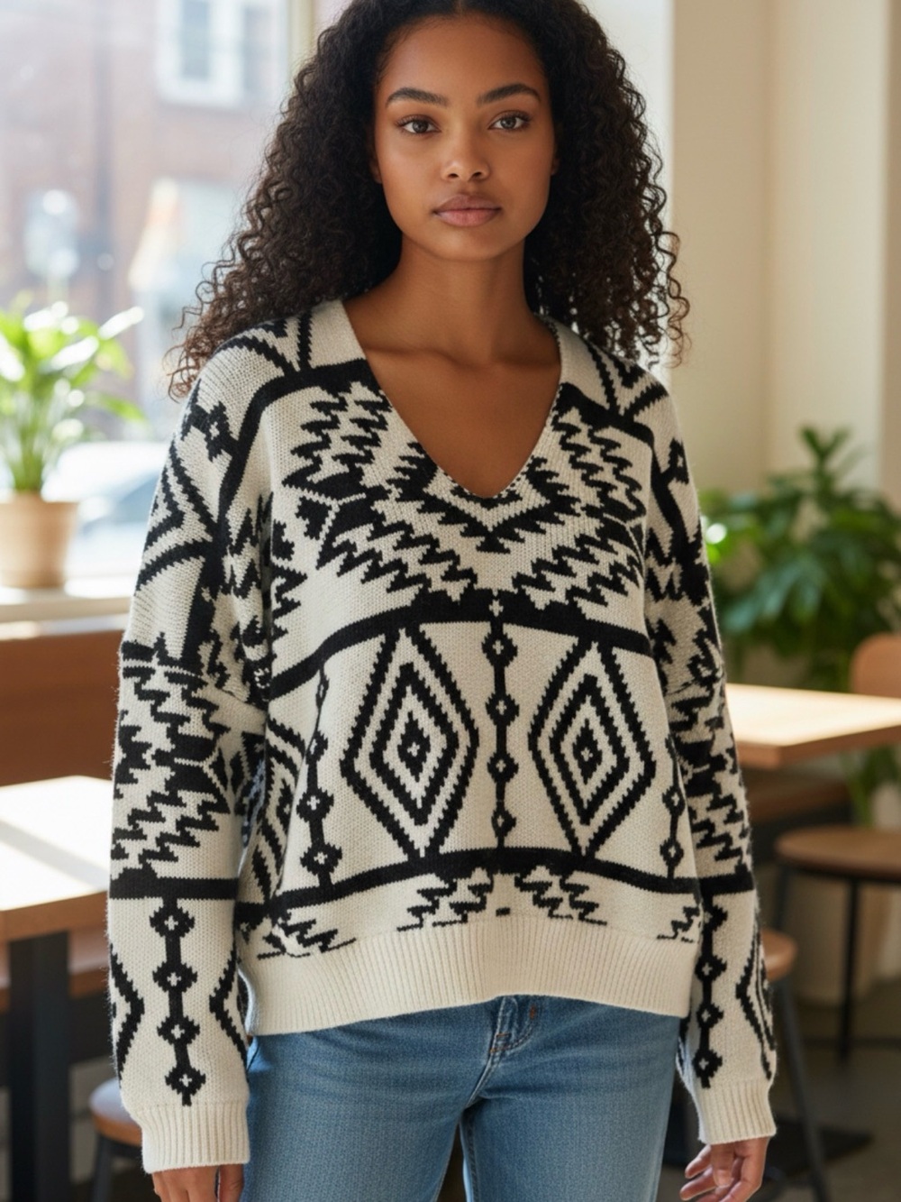 POL Women's Navy & Cream Aztec Geometric V-Neck Cropped Sweater M